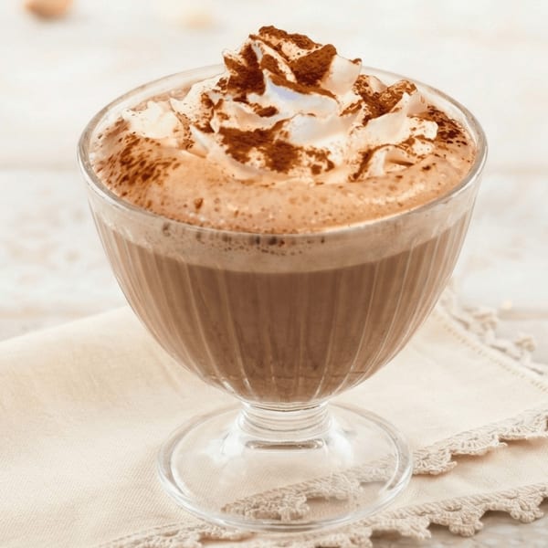 Hot chocolate in a clear glass mug, topped with whipped cream and cocoa powder, on a lace doily.