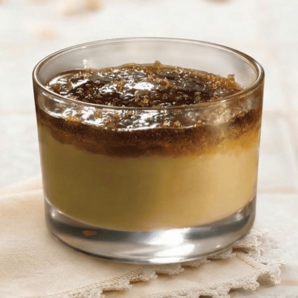 A glass of creamy dessert with a dark, textured topping sits on a white lace doily.