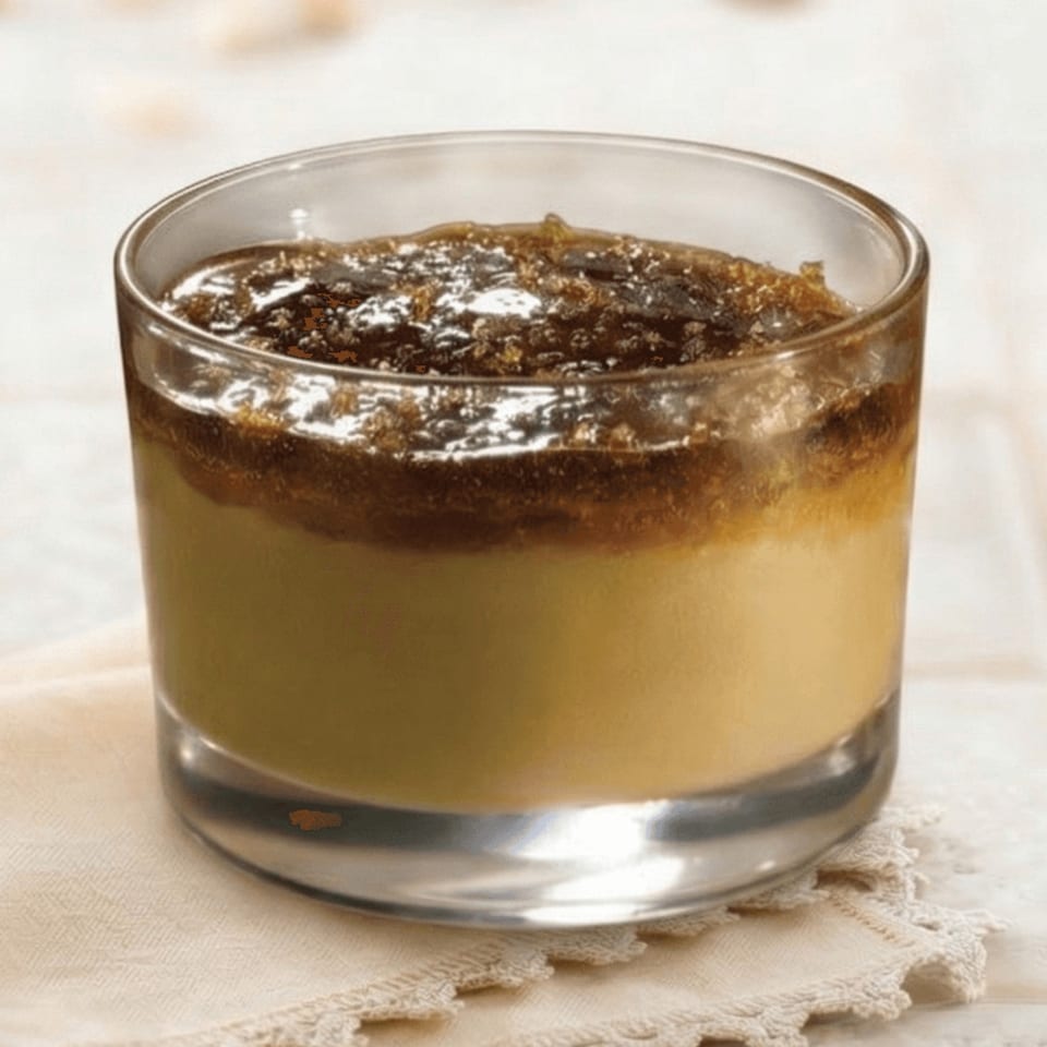 A glass of creamy dessert with a dark, textured topping sits on a white lace doily.